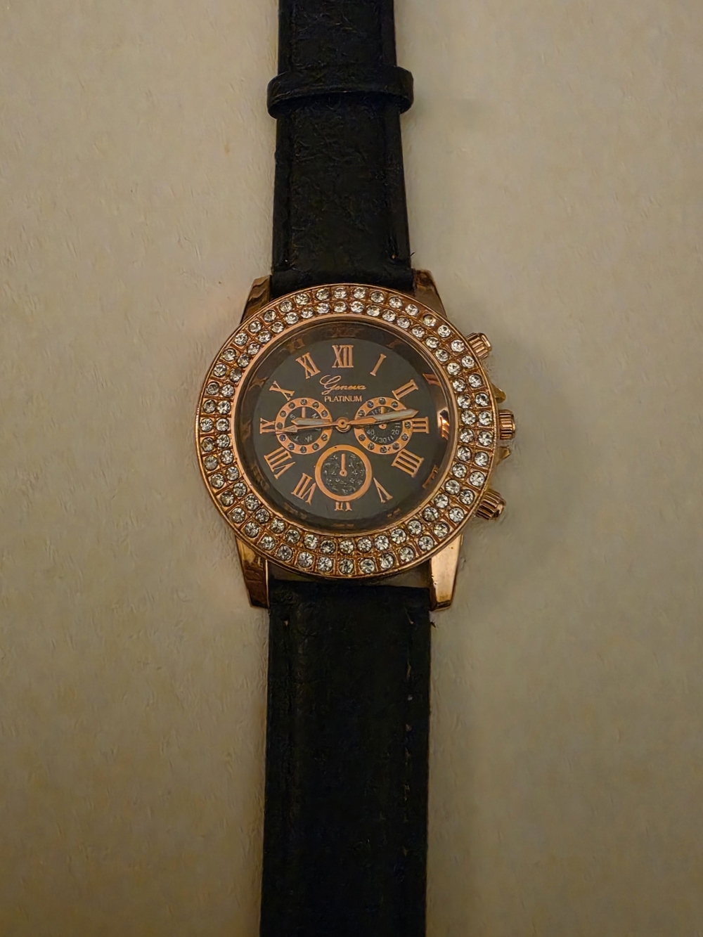 Geneva Rose Gold Crystal Bezel Watch with Black Dial and Strap